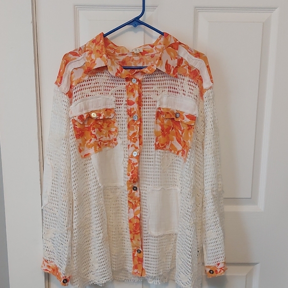 POL Tops - POL Tangerine and White With Floral Crochet Detail NWOT